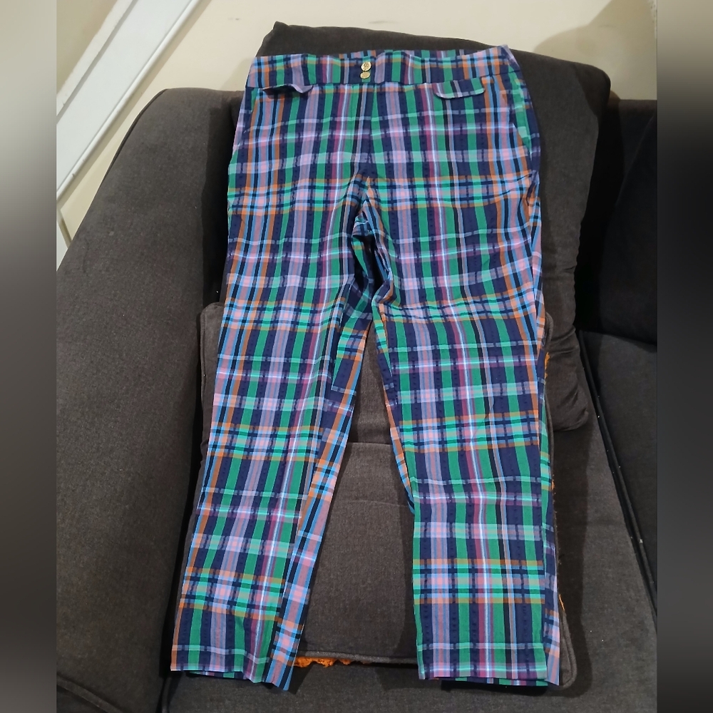 Anne Klein Seersicker Ankle Multicolor Plaid Pants Sz 10 (081625B)